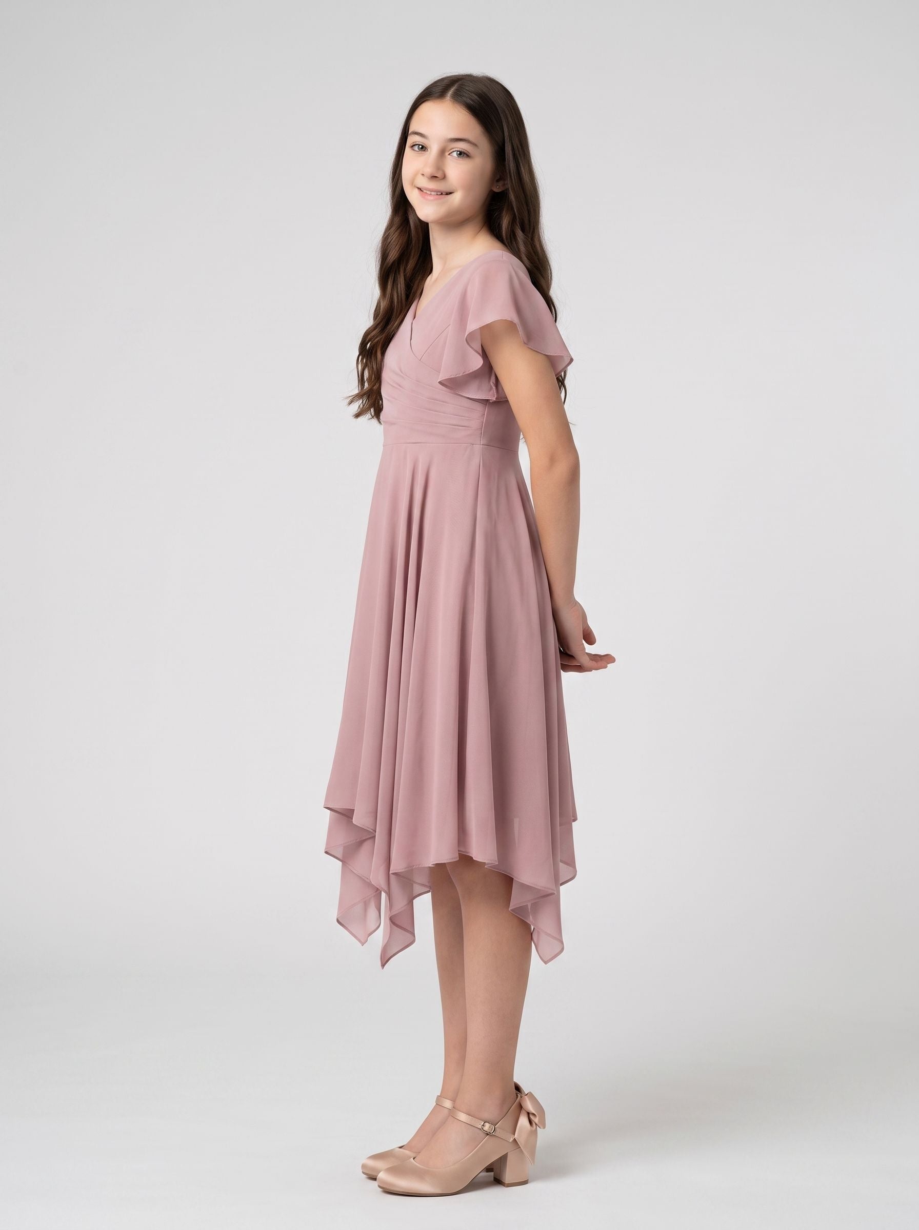Dusty Rose Chiffon A-Line V-Neck Back Zip Knee-Length Dress with Pleated Bodice
