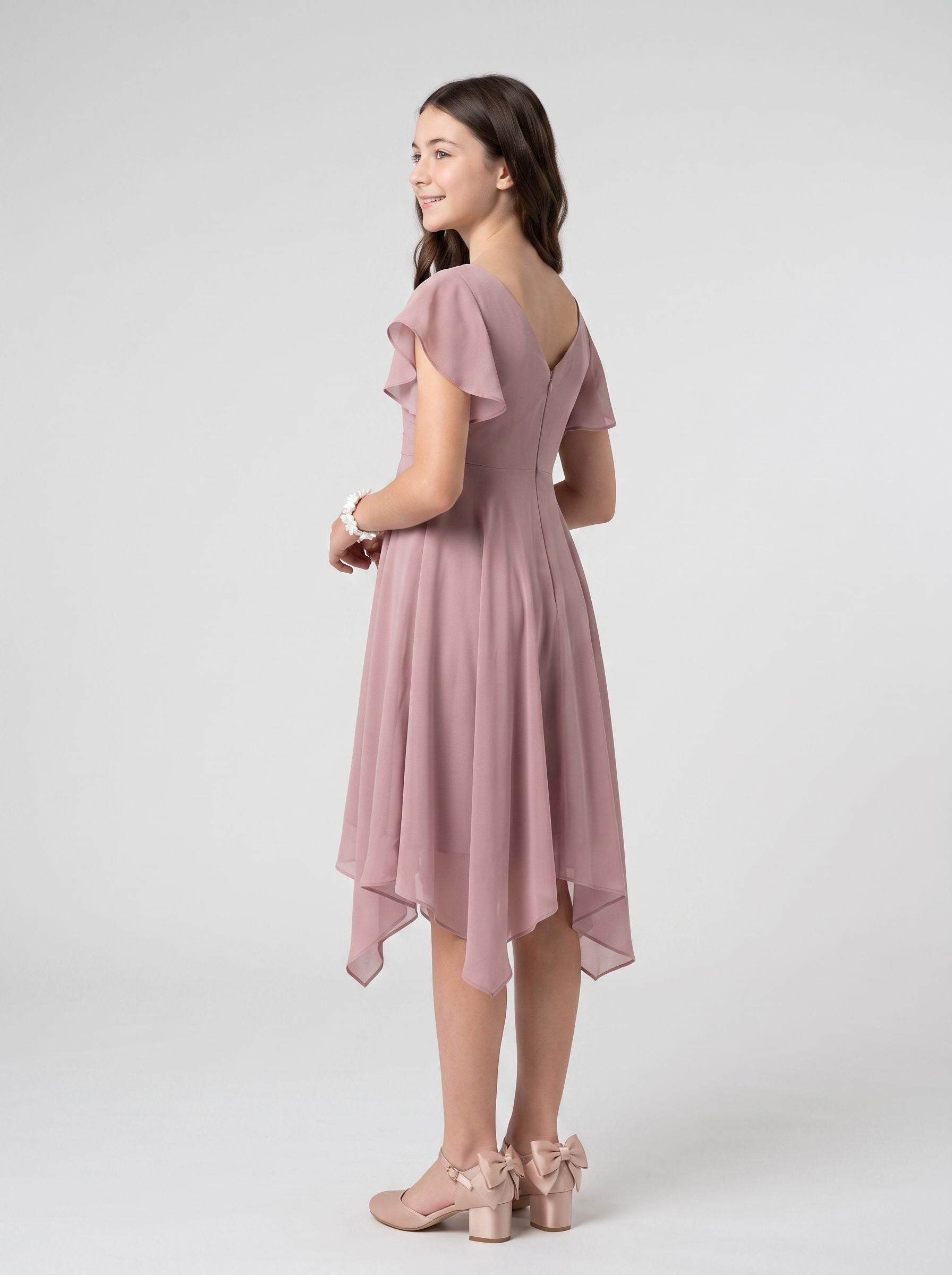 Dusty Rose Chiffon A-Line V-Neck Back Zip Knee-Length Dress with Pleated Bodice