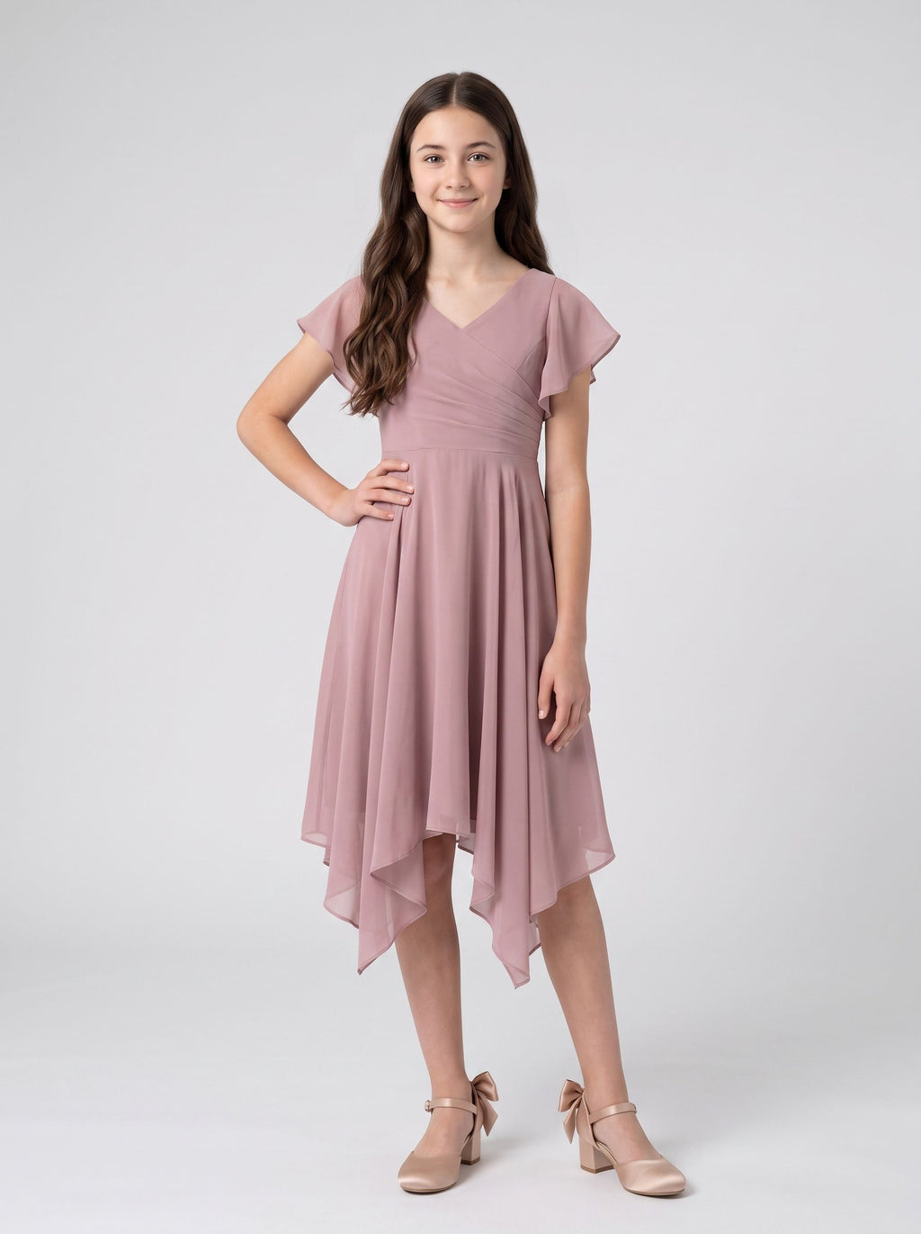 Dusty Rose Chiffon A-Line V-Neck Back Zip Knee-Length Dress with Pleated Bodice