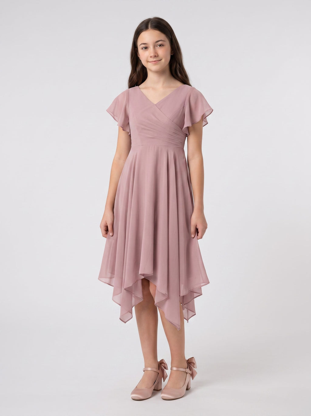 Dusty Rose Chiffon A-Line V-Neck Back Zip Knee-Length Dress with Pleated Bodice
