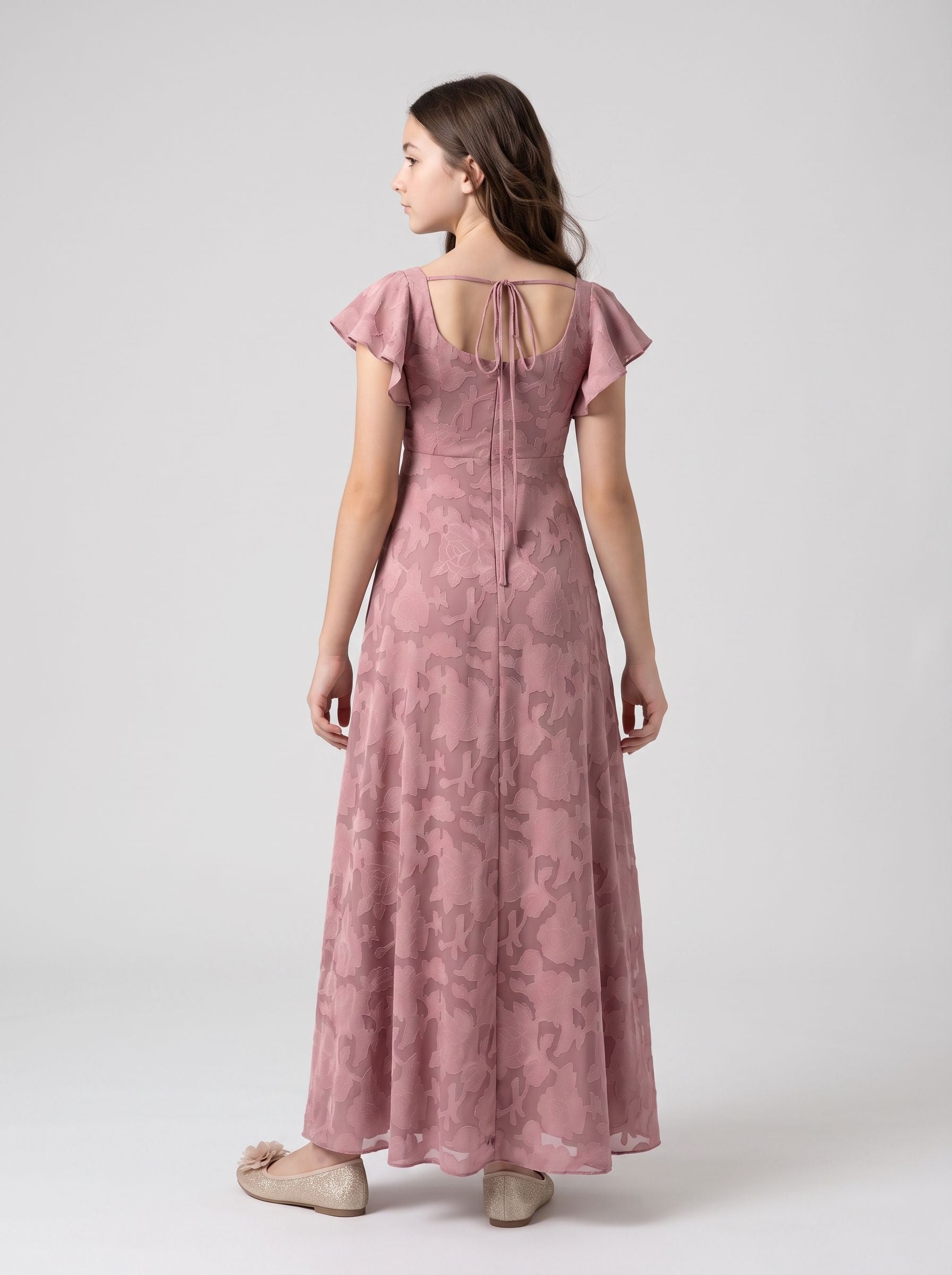 Dusty Rose Chiffon A-Line Square Neck Bow Floor-Length Dress with Floral Burnout