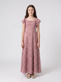 Dusty Rose Chiffon A-Line Square Neck Bow Floor-Length Dress with Floral Burnout