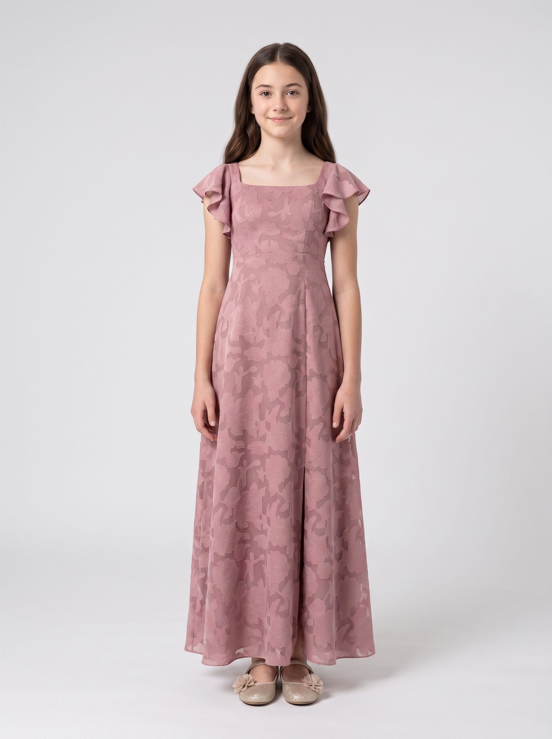 Dusty Rose Chiffon A-Line Square Neck Bow Floor-Length Dress with Floral Burnout