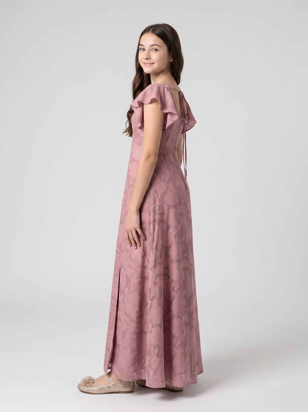 Dusty Rose Chiffon A-Line Square Neck Bow Floor-Length Dress with Floral Burnout