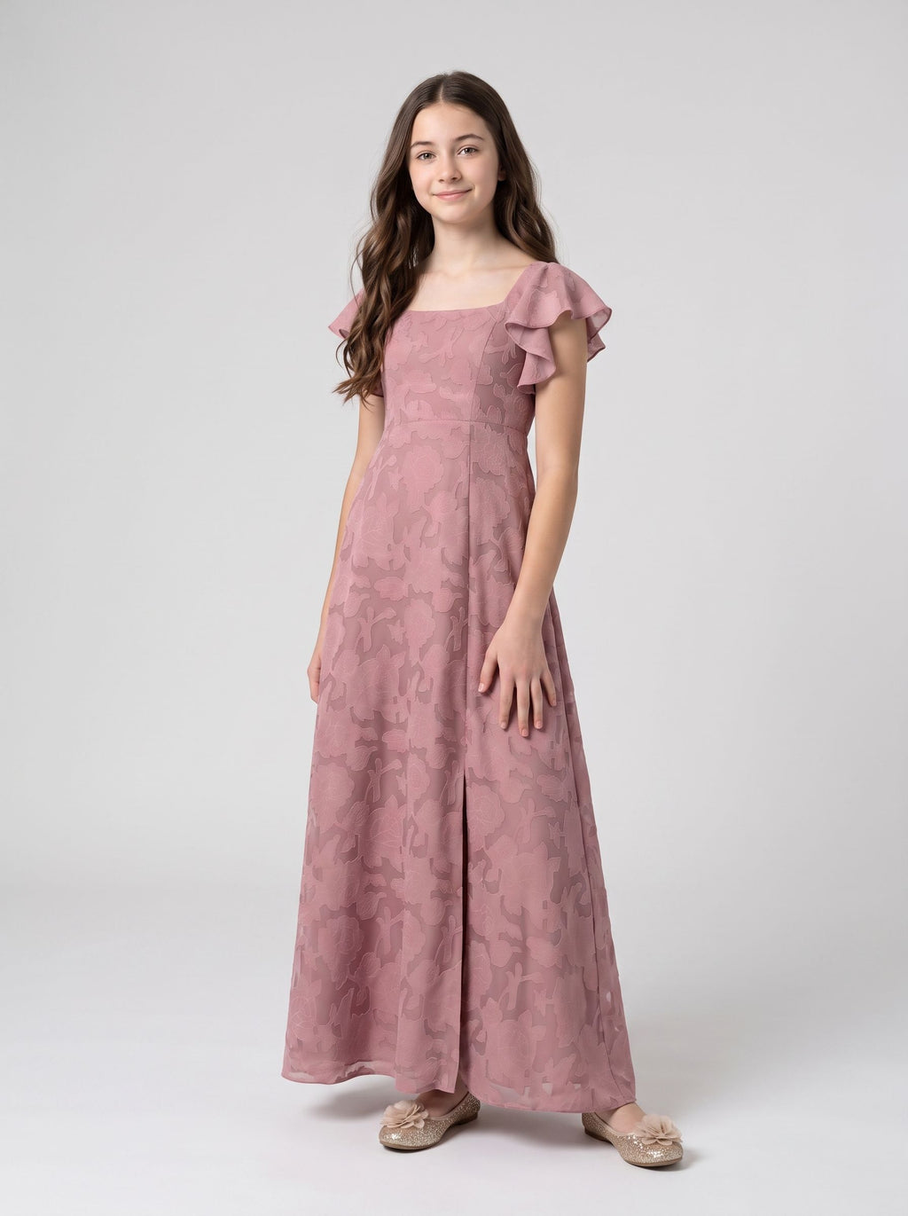 Dusty Rose Chiffon A-Line Square Neck Bow Floor-Length Dress with Floral Burnout