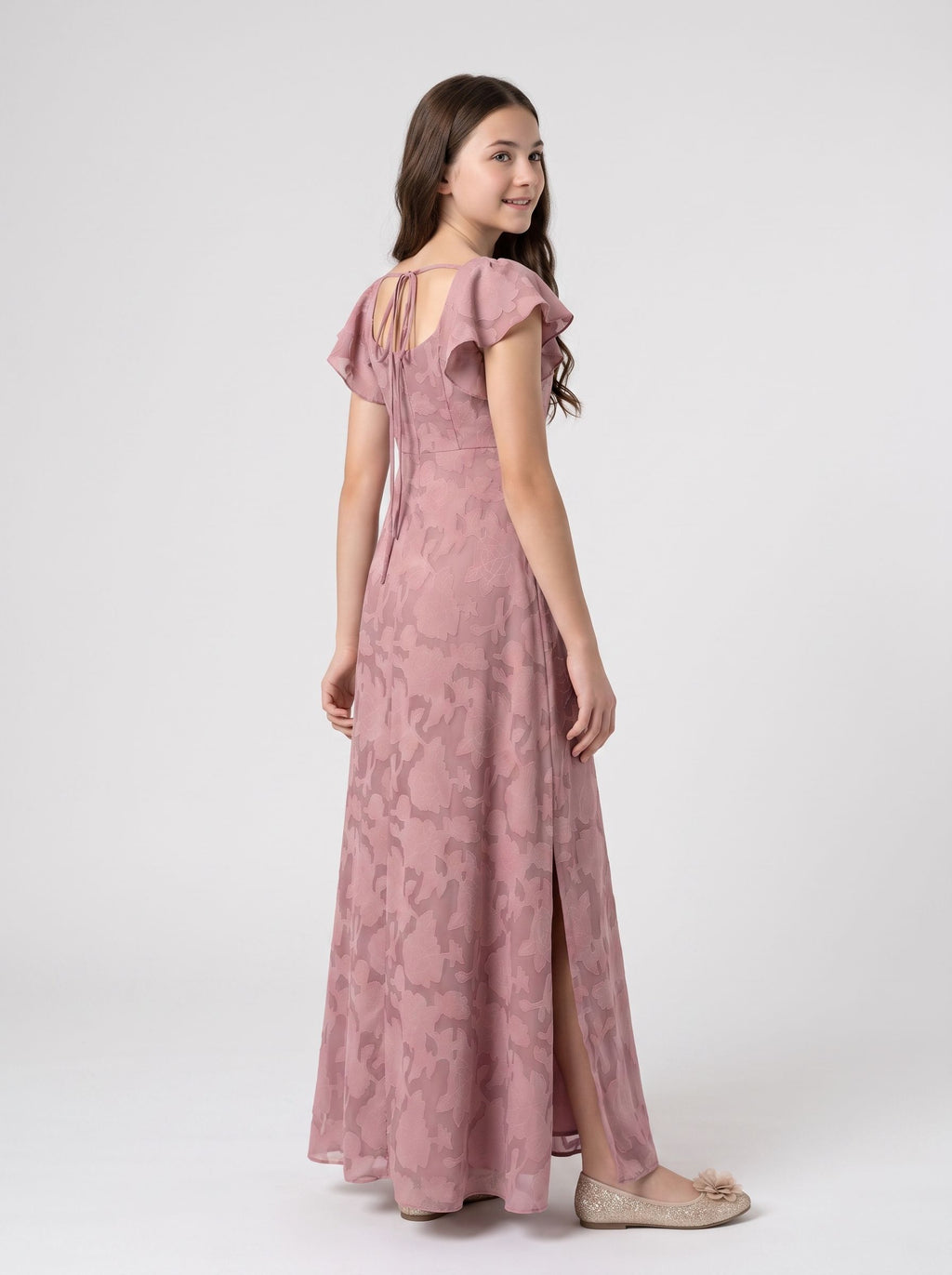 Dusty Rose Chiffon A-Line Square Neck Bow Floor-Length Dress with Floral Burnout