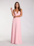 Petal Crepe A-Line V-Neck Back Zip Floor-Length Dress with Rhinestone Trim