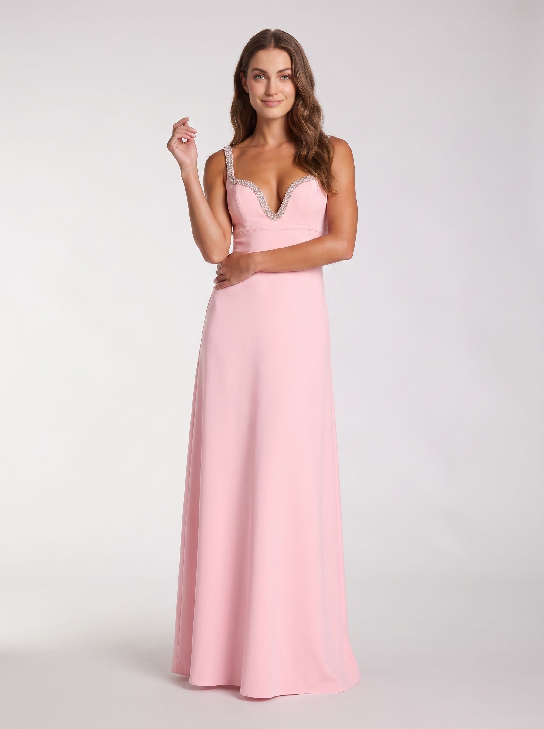 Petal Crepe A-Line V-Neck Back Zip Floor-Length Dress with Rhinestone Trim