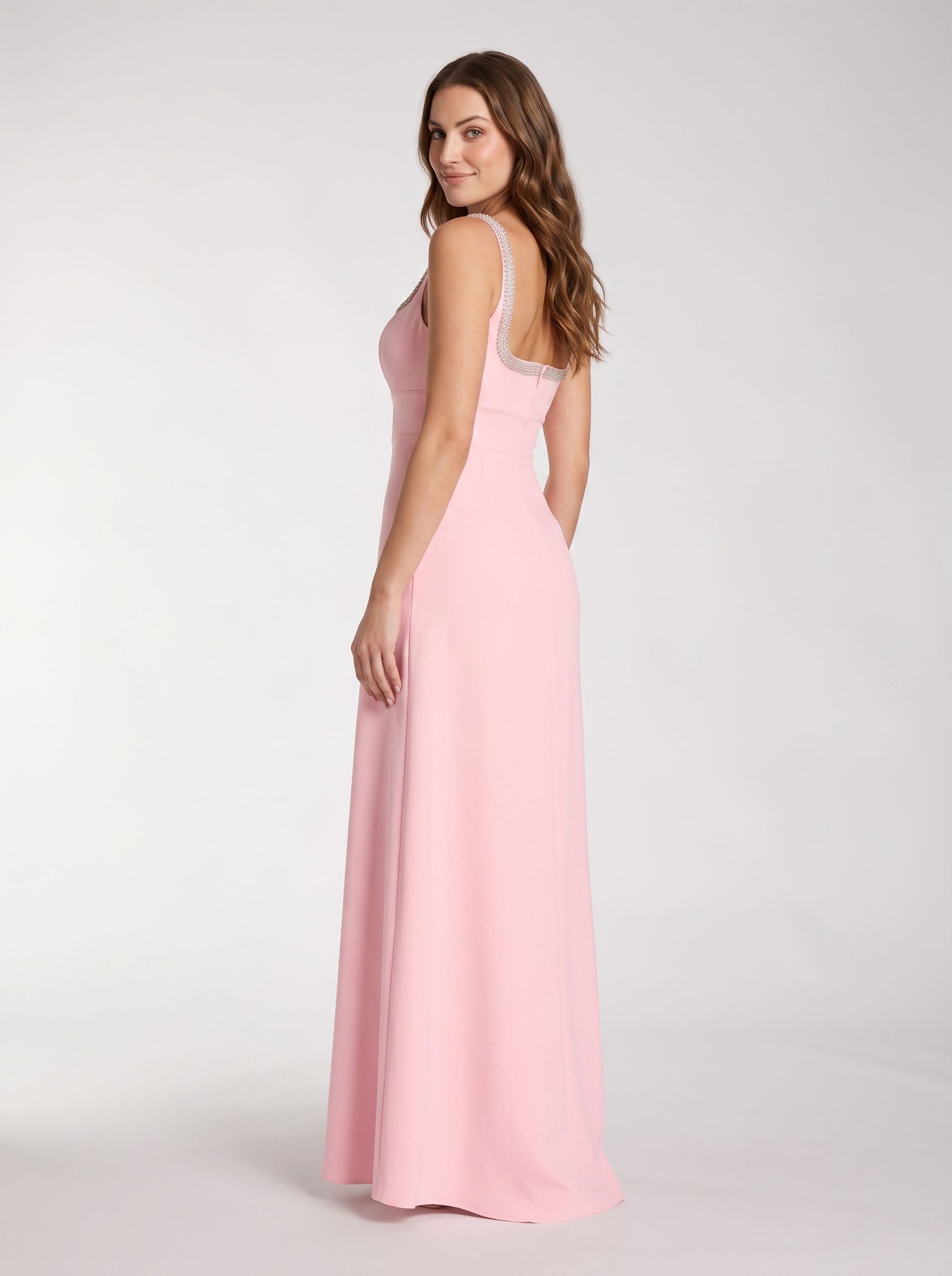 Petal Crepe A-Line V-Neck Back Zip Floor-Length Dress with Rhinestone Trim