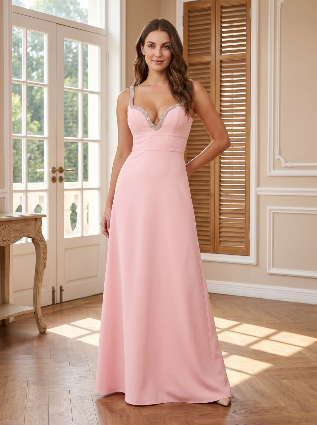 Petal Crepe A-Line V-Neck Back Zip Floor-Length Dress with Rhinestone Trim