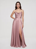 Dusty Rose Satin A-Line Cowl Neck Bow Floor-Length Dress with Side Slit