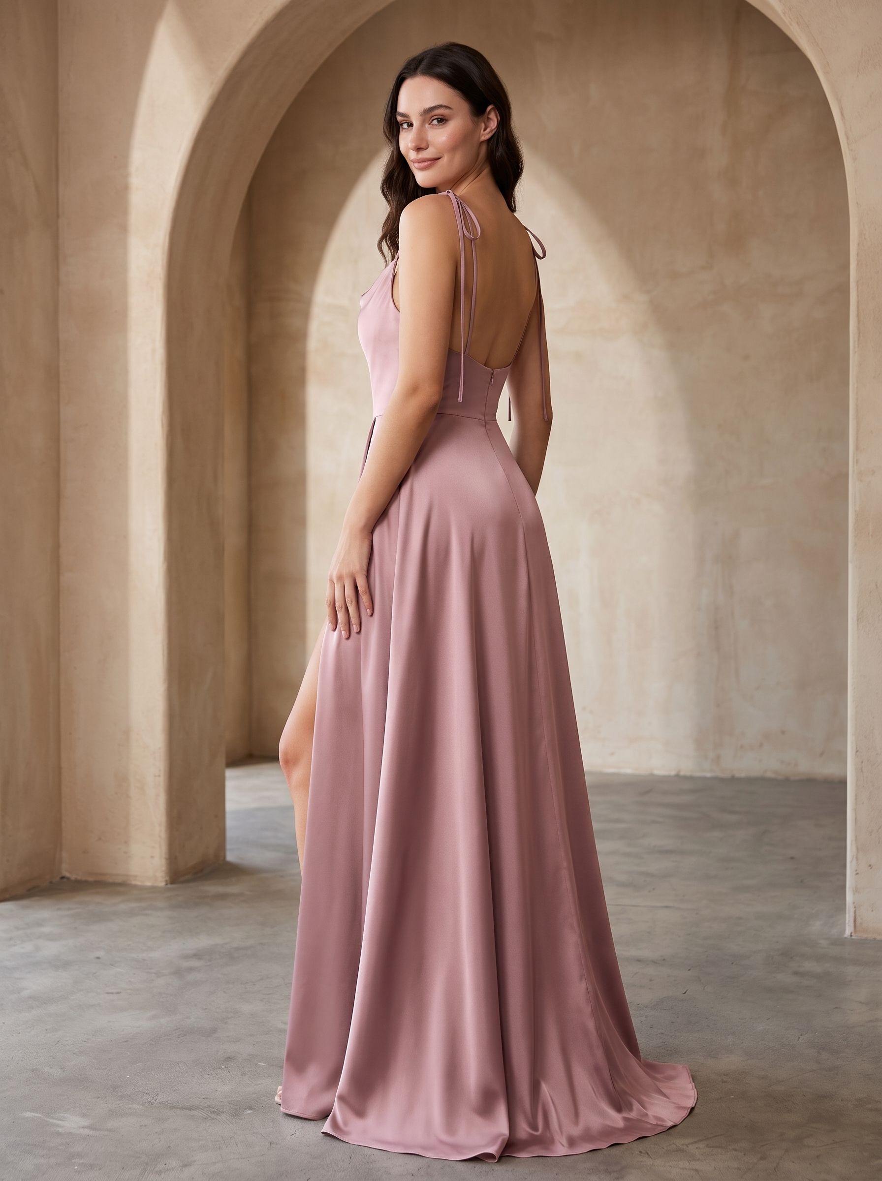 Dusty Rose Satin A-Line Cowl Neck Bow Floor-Length Dress with Side Slit