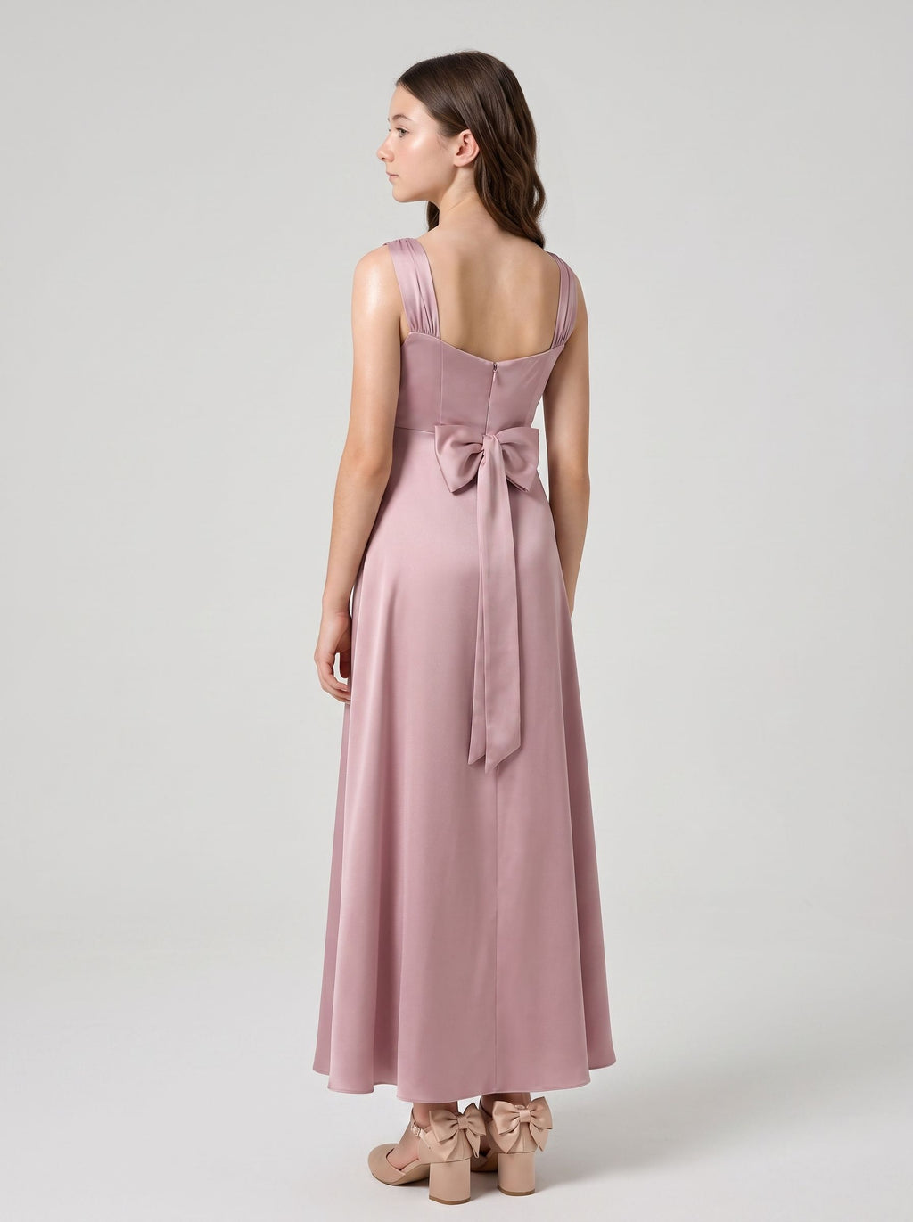 Dusty Rose Satin A-Line Cowl Neck Bow Floor-Length Dress with Pleated Bodice