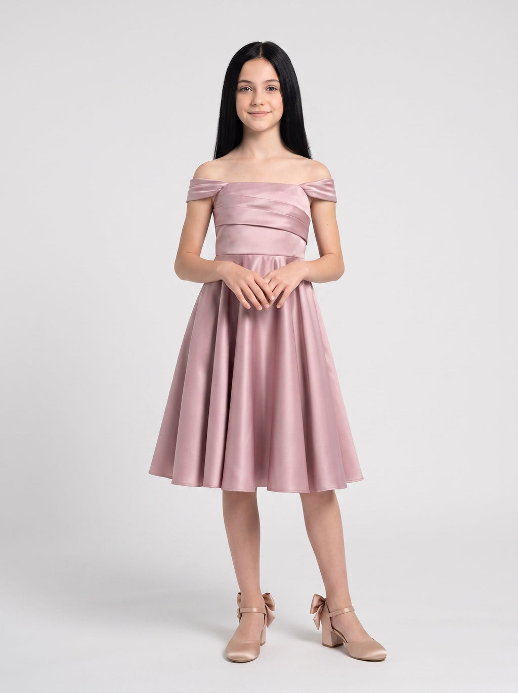 Dusty Rose Satin A-Line Off-the-Shoulder Back Zip Floor-Length Dress with Convertible Straps