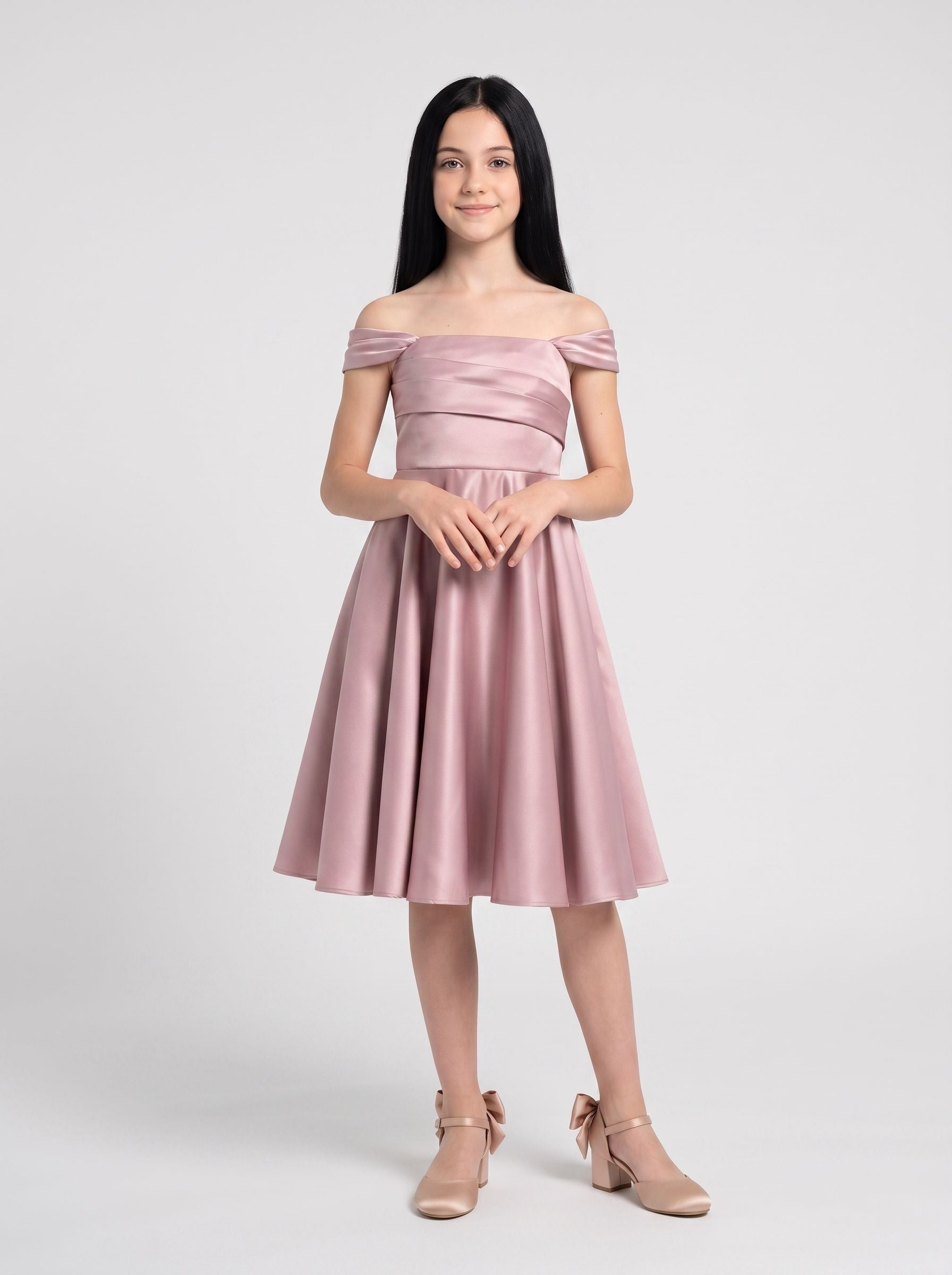 Dusty Rose Satin A-Line Off-the-Shoulder Back Zip Floor-Length Dress with Convertible Straps