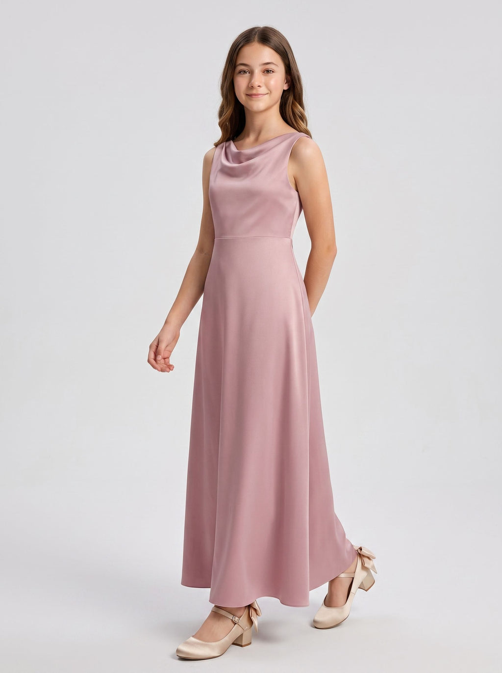 Dusty Rose Satin A-Line Cowl Neck Bow Floor-Length Dress with Pleated Bodice