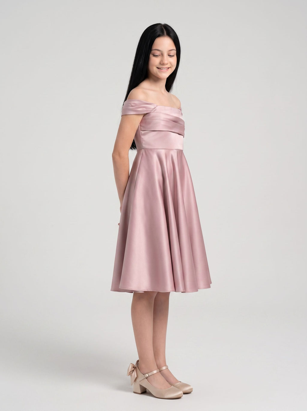 Dusty Rose Satin A-Line Off-the-Shoulder Back Zip Floor-Length Dress with Convertible Straps