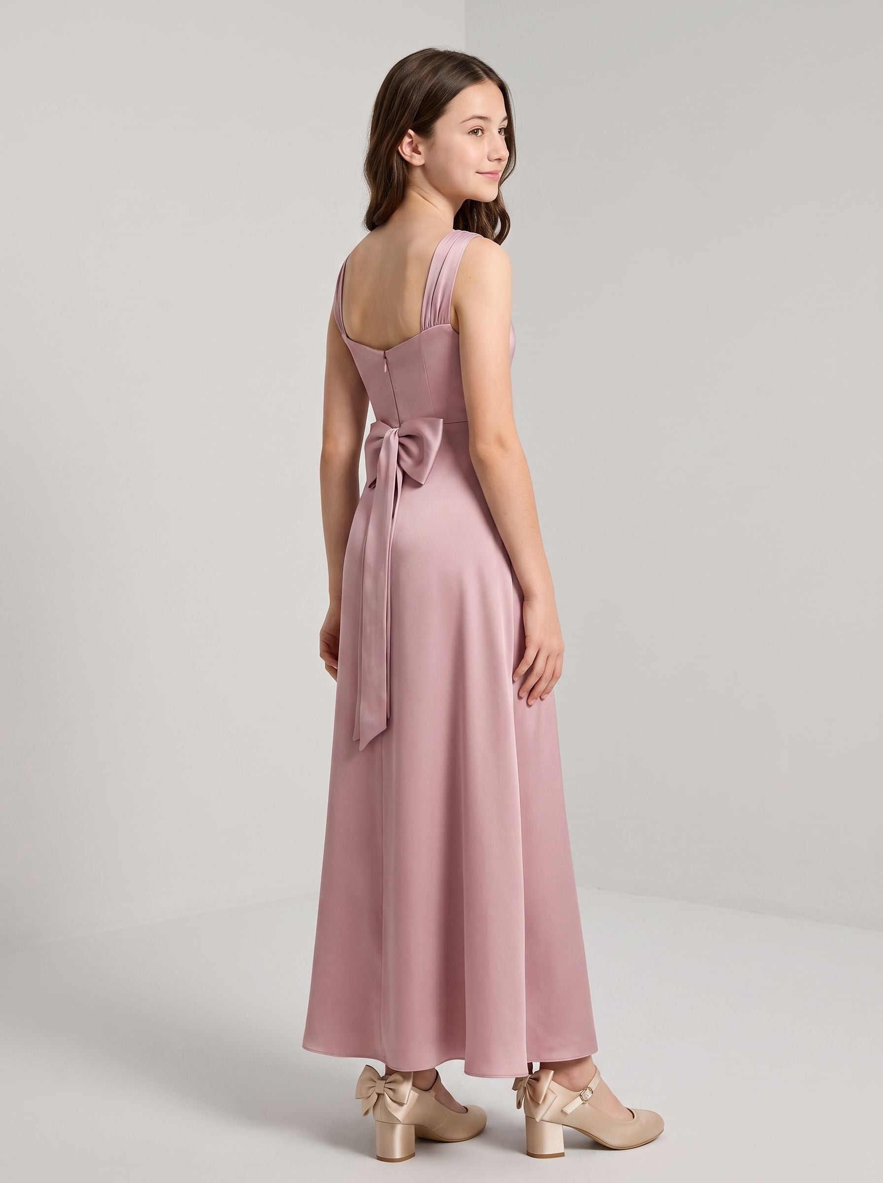 Dusty Rose Satin A-Line Cowl Neck Bow Floor-Length Dress with Pleated Bodice