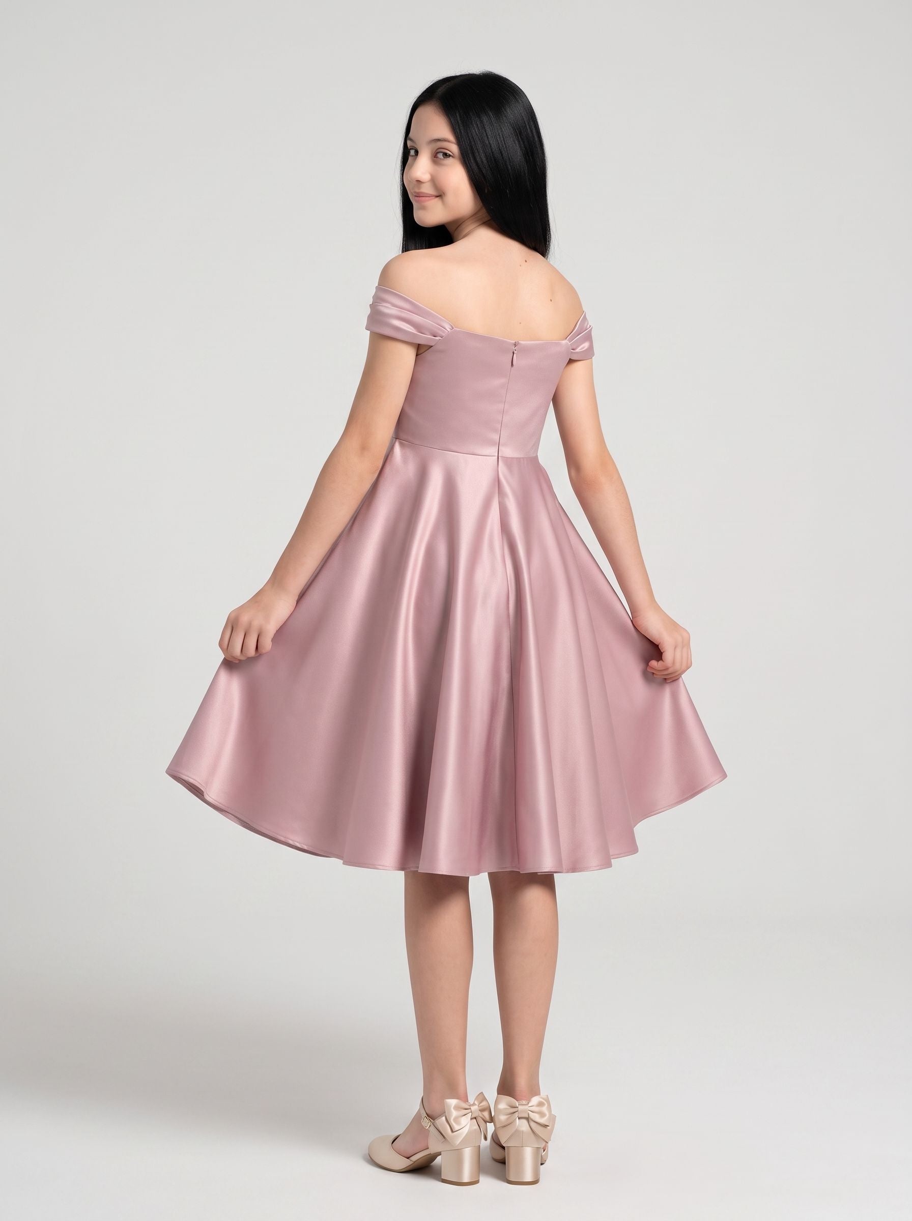 Dusty Rose Satin A-Line Off-the-Shoulder Back Zip Floor-Length Dress with Convertible Straps