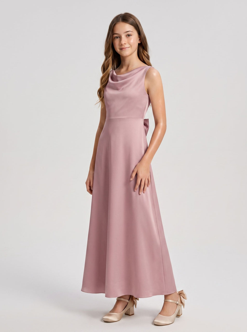 Dusty Rose Satin A-Line Cowl Neck Bow Floor-Length Dress with Pleated Bodice
