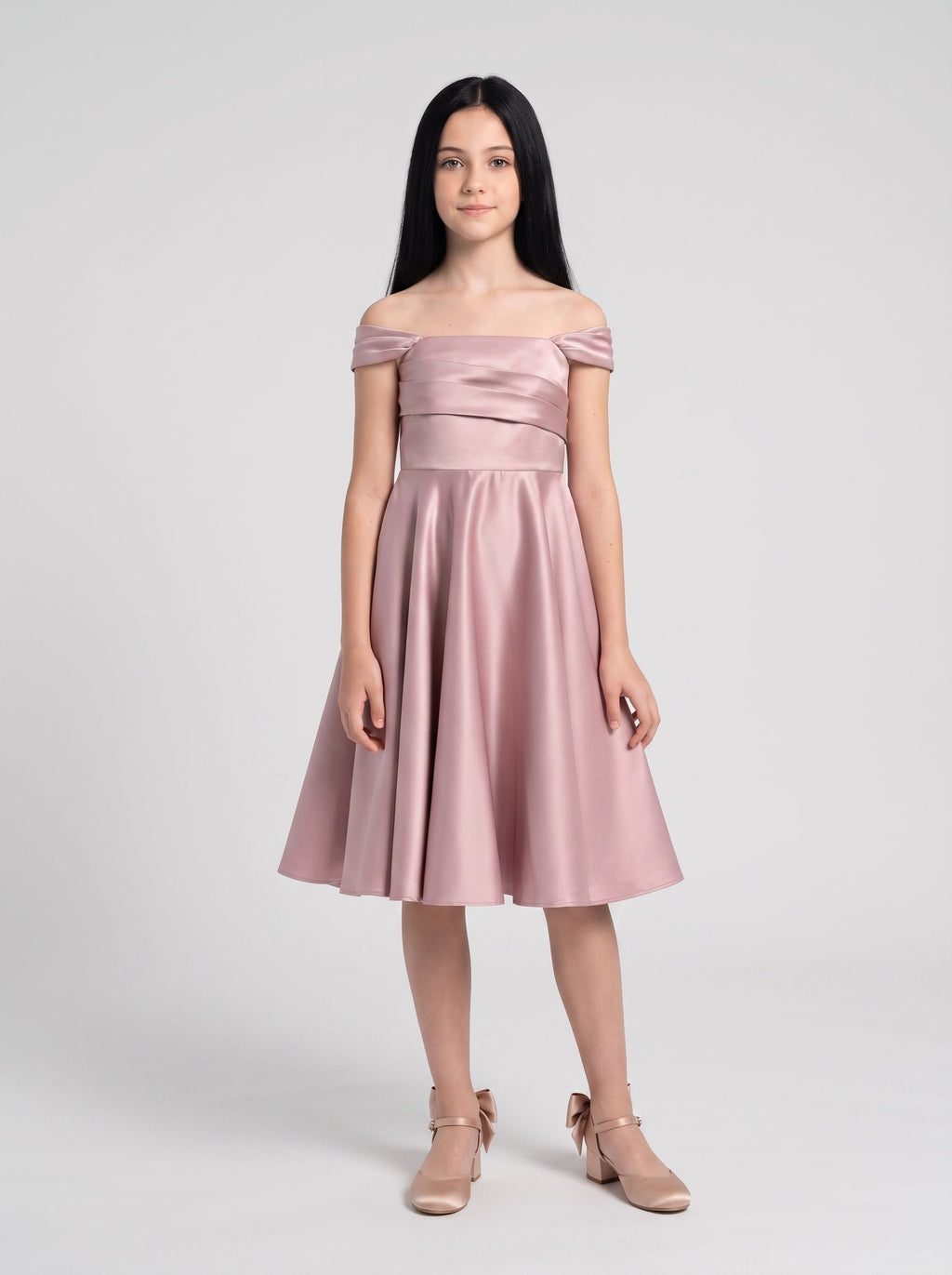 Dusty Rose Satin A-Line Off-the-Shoulder Back Zip Floor-Length Dress with Convertible Straps