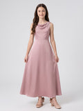 Dusty Rose Satin A-Line Cowl Neck Bow Floor-Length Dress with Pleated Bodice