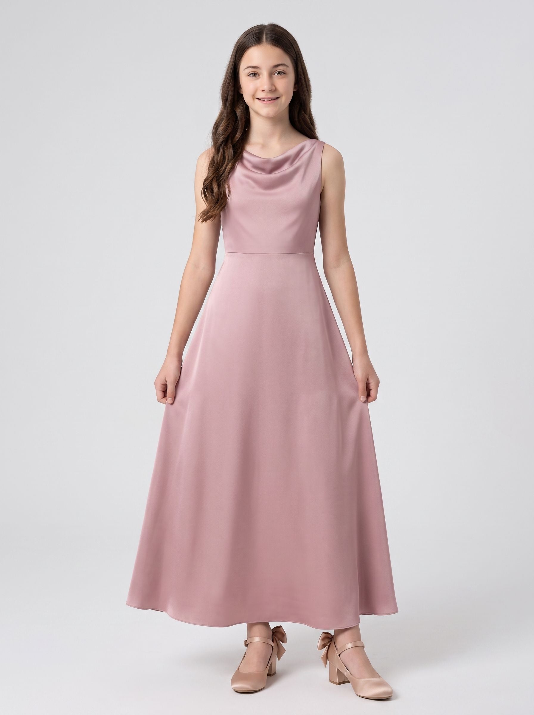 Dusty Rose Satin A-Line Cowl Neck Bow Floor-Length Dress with Pleated Bodice
