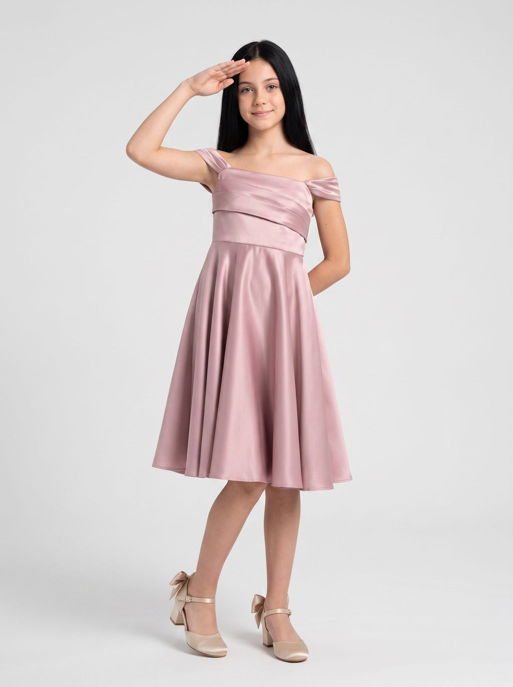 Dusty Rose Satin A-Line Off-the-Shoulder Back Zip Floor-Length Dress with Convertible Straps