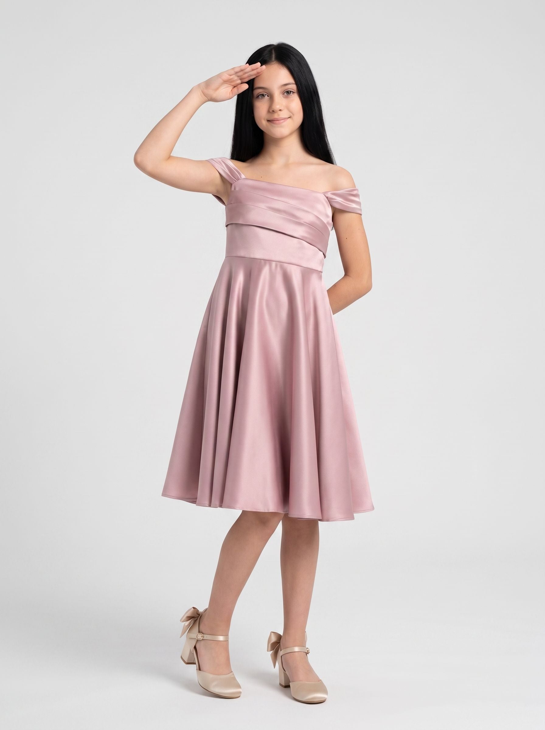 Dusty Rose Satin A-Line Off-the-Shoulder Back Zip Floor-Length Dress with Convertible Straps