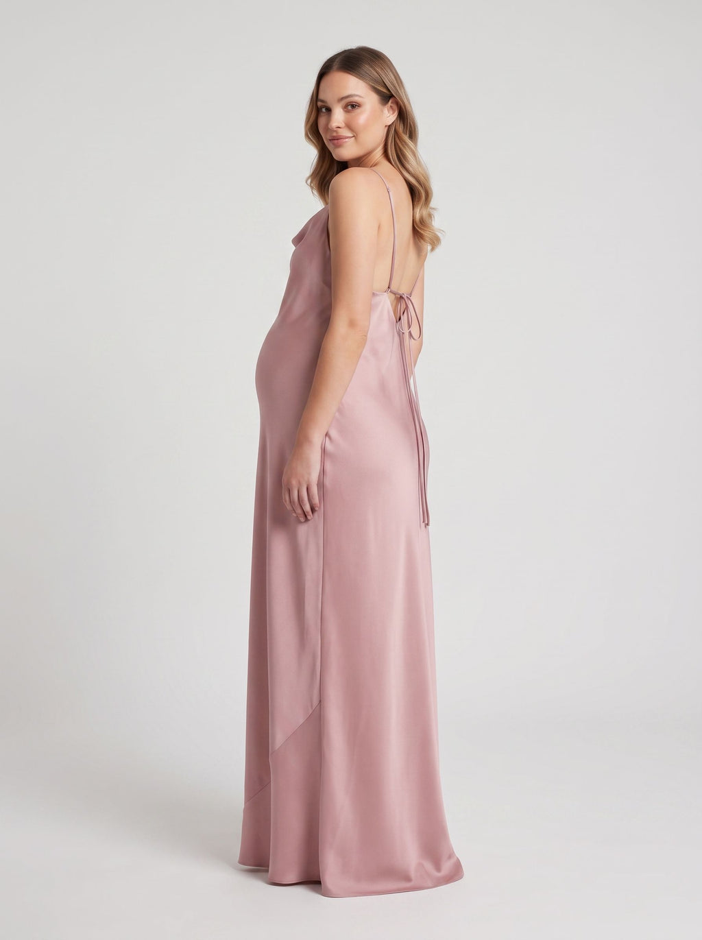 Dusty Rose Satin Empire Cowl Neck Criss-Cross Straps Floor-Length Dress with Convertible Straps