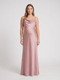 Dusty Rose Satin Empire Cowl Neck Criss-Cross Straps Floor-Length Dress with Convertible Straps