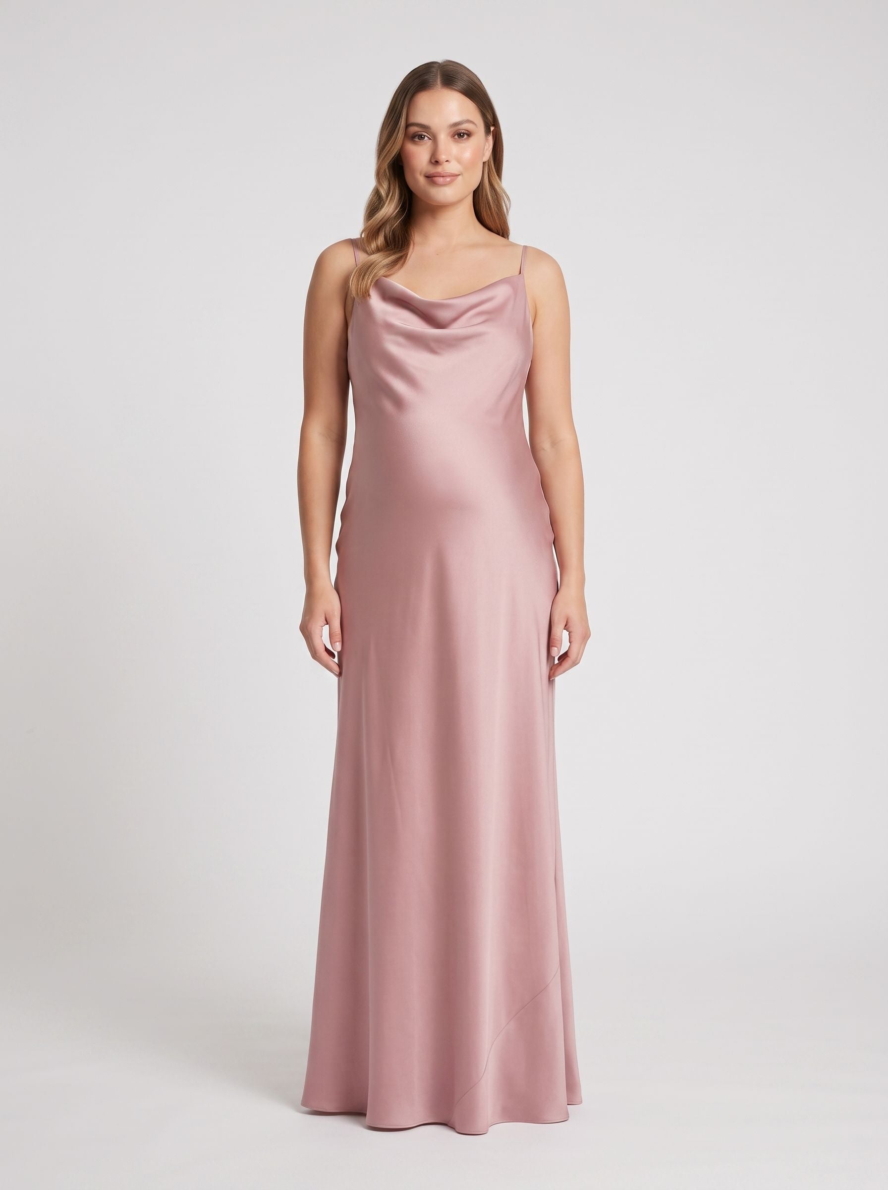 Dusty Rose Satin Empire Cowl Neck Criss-Cross Straps Floor-Length Dress with Convertible Straps