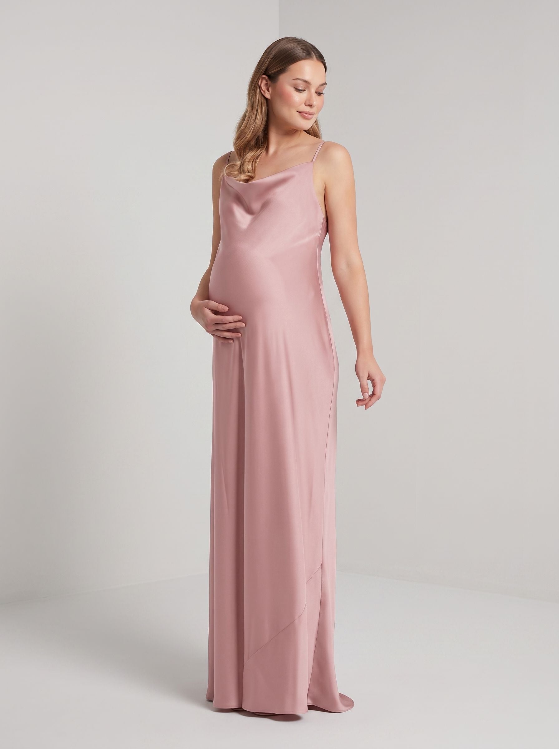 Dusty Rose Satin Empire Cowl Neck Criss-Cross Straps Floor-Length Dress with Convertible Straps
