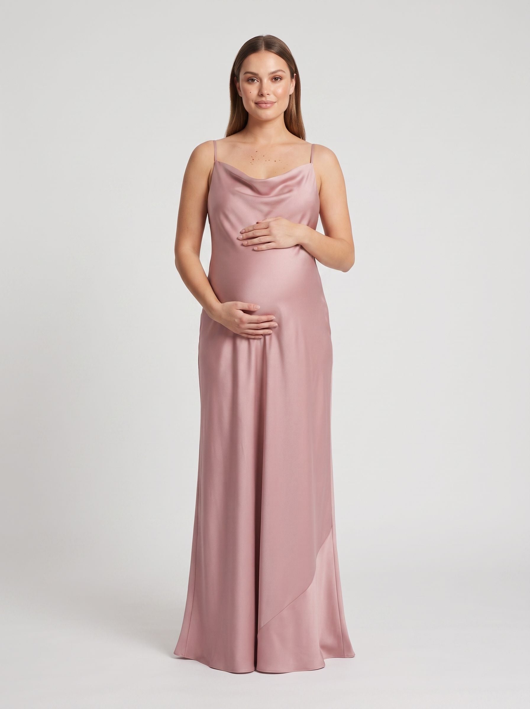 Dusty Rose Satin Empire Cowl Neck Criss-Cross Straps Floor-Length Dress with Convertible Straps