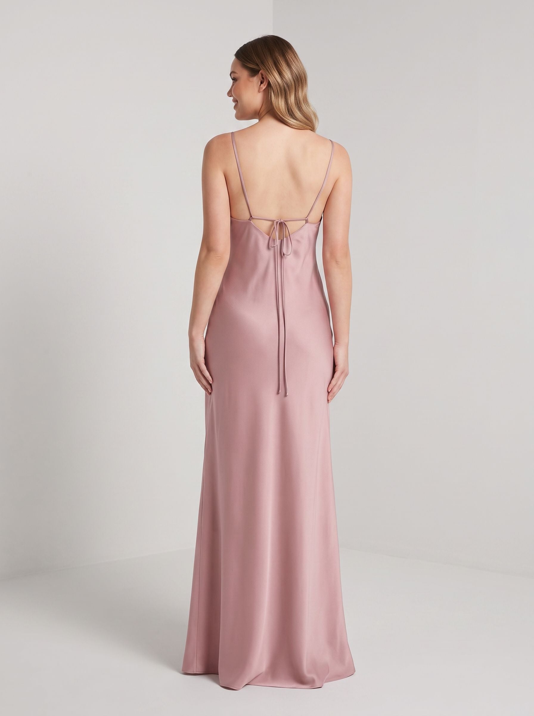 Dusty Rose Satin Empire Cowl Neck Criss-Cross Straps Floor-Length Dress with Convertible Straps