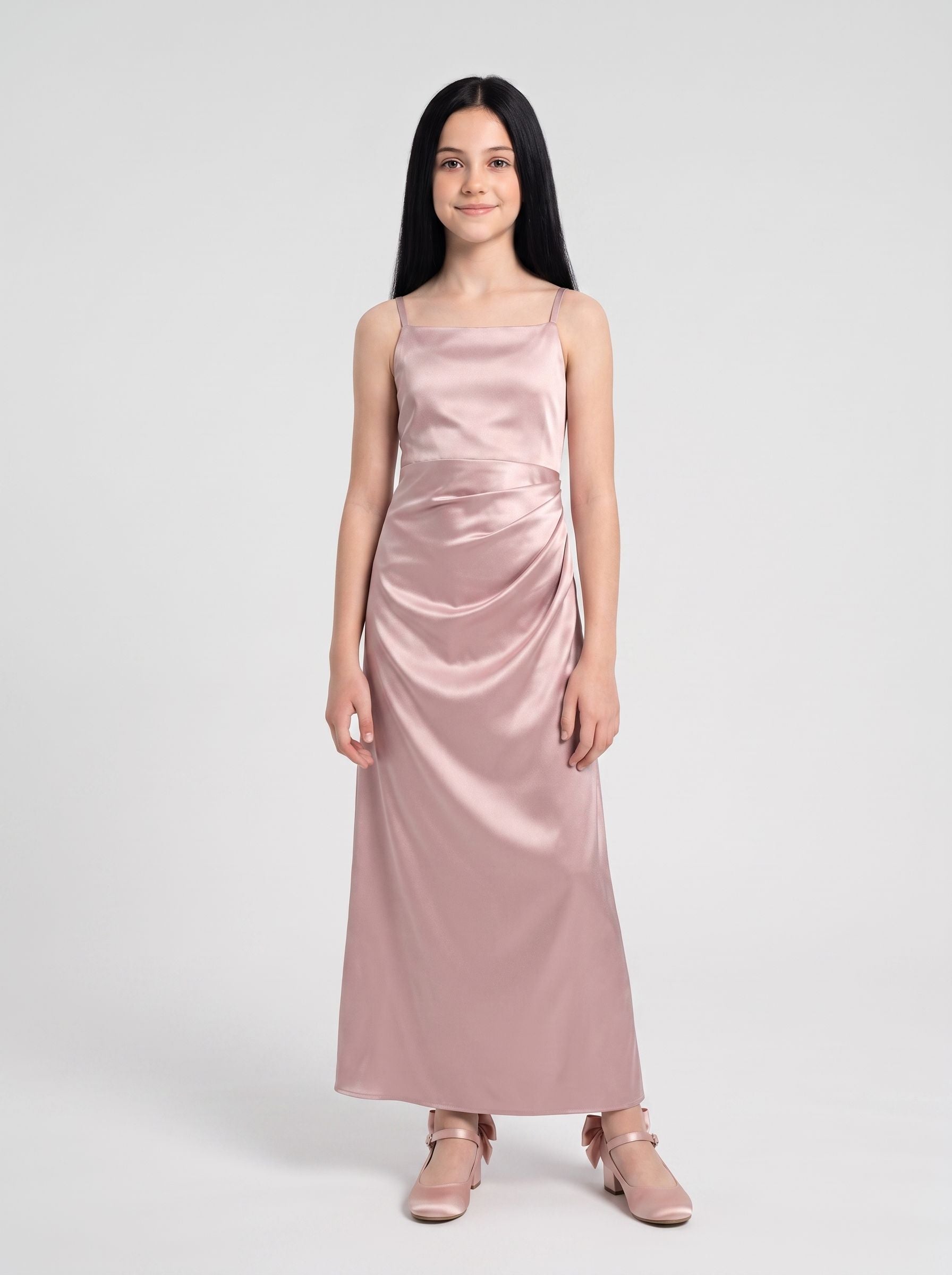 Dusty Rose Satin SheathStraight Neck Back Zip Floor-Length Dress with Pleated Bodice