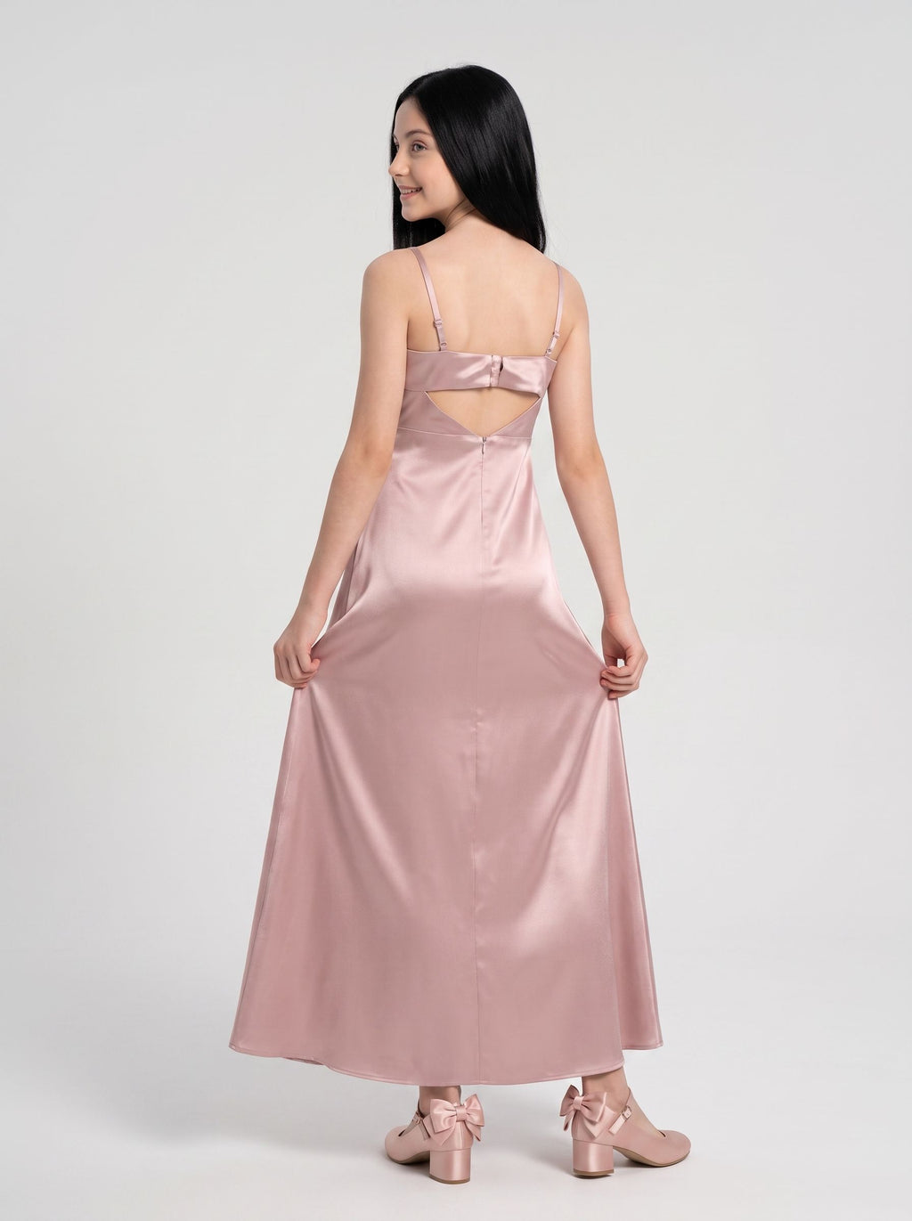 Dusty Rose Satin SheathStraight Neck Back Zip Floor-Length Dress with Pleated Bodice