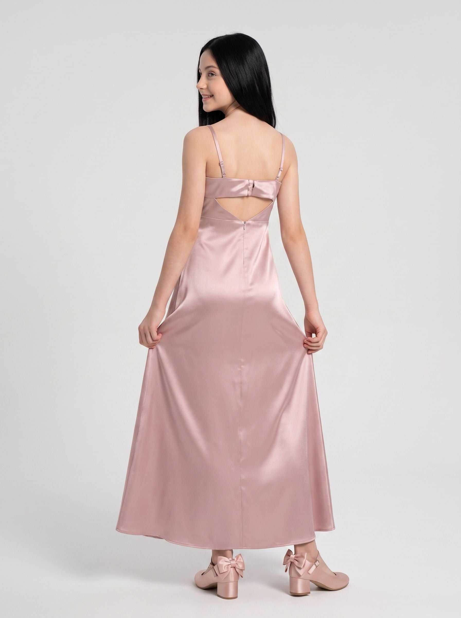 Dusty Rose Satin SheathStraight Neck Back Zip Floor-Length Dress with Pleated Bodice