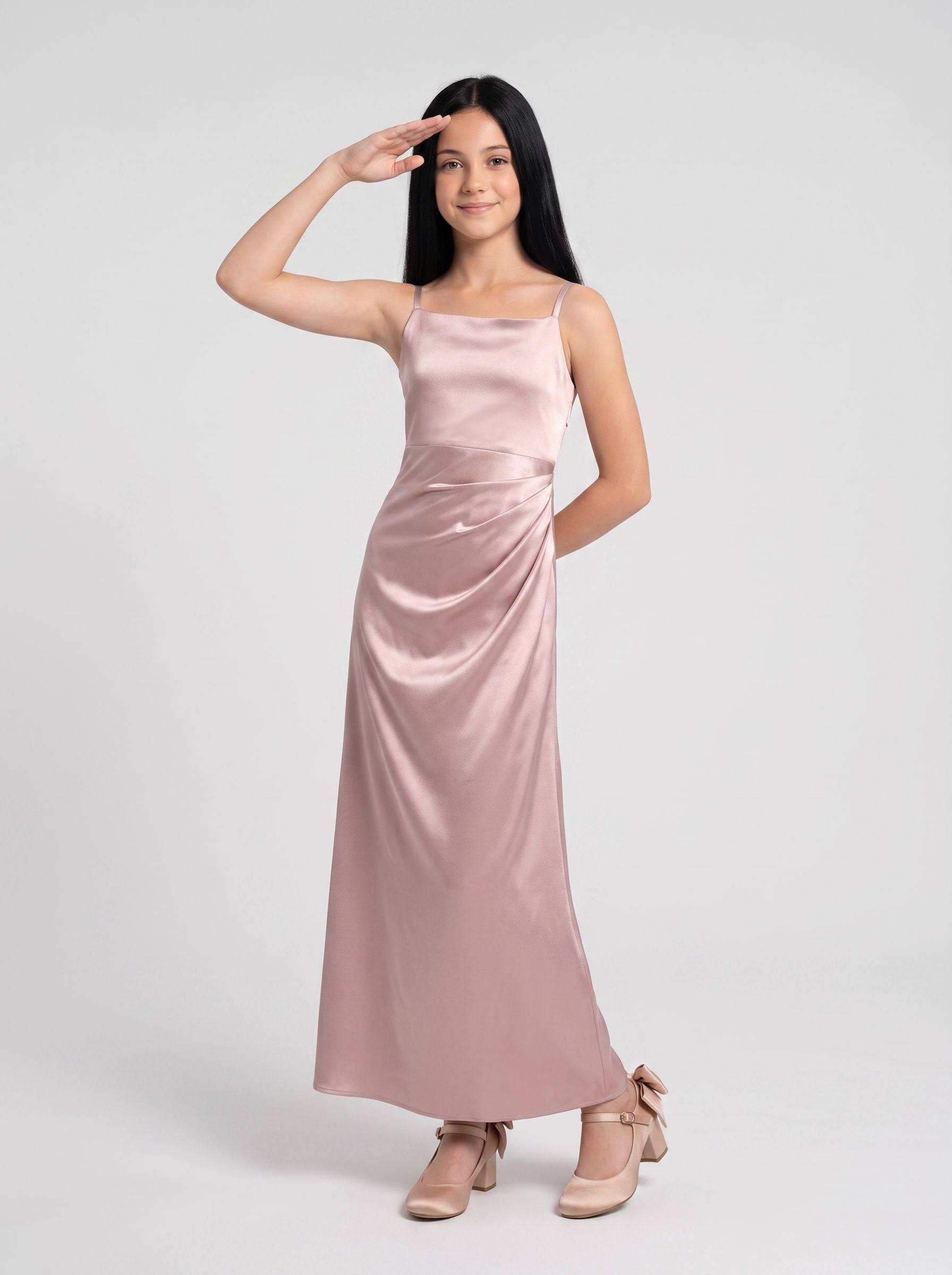 Dusty Rose Satin SheathStraight Neck Back Zip Floor-Length Dress with Pleated Bodice