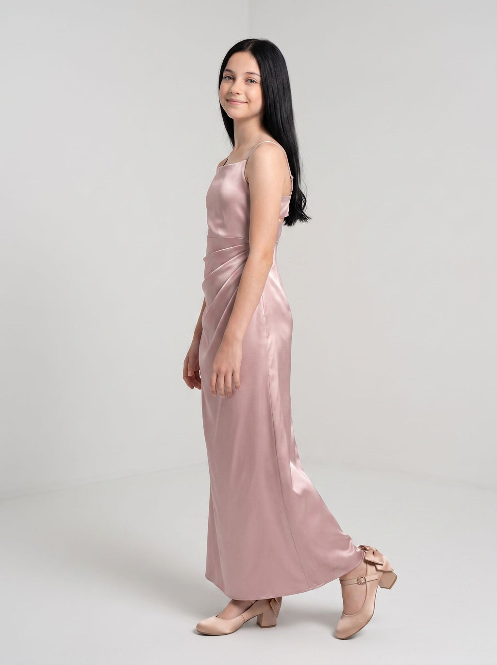 Dusty Rose Satin SheathStraight Neck Back Zip Floor-Length Dress with Pleated Bodice