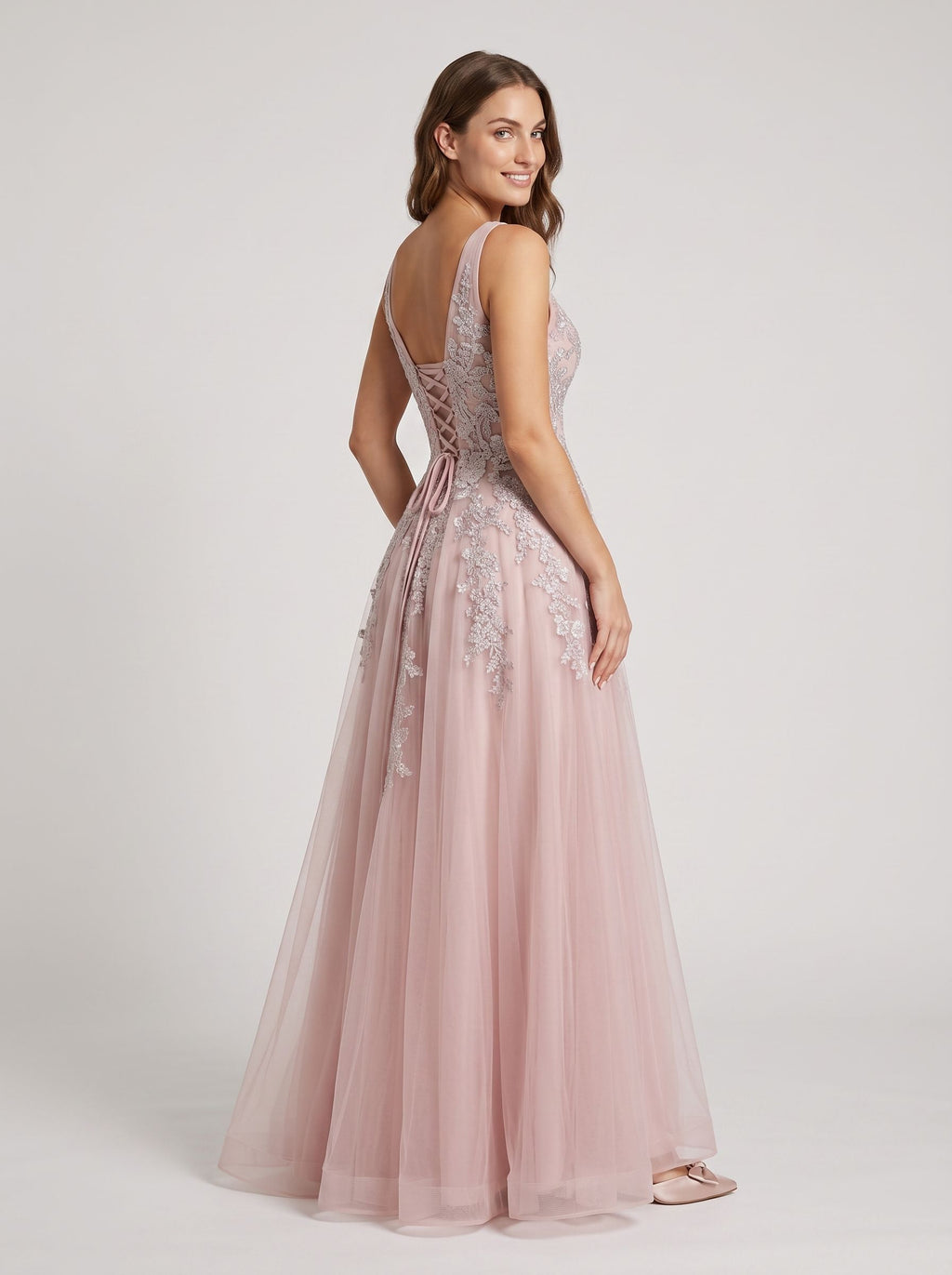 Dusty Rose Tulle A-Line V-Neck Lace-up Floor-Length Dress with Floral Embroidery