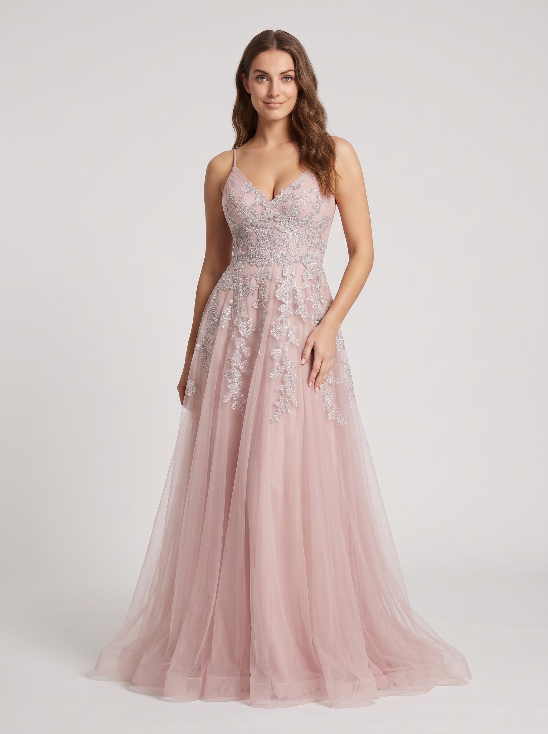 Dusty Rose Tulle A-Line V-Neck Lace-up Floor-Length Dress with Floral Embroidery