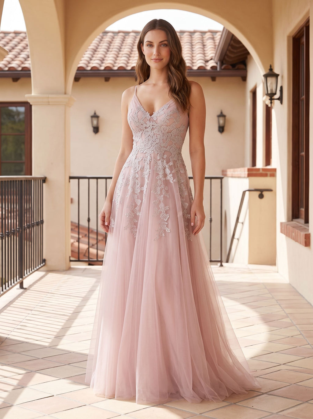 Dusty Rose Tulle A-Line V-Neck Lace-up Floor-Length Dress with Floral Embroidery