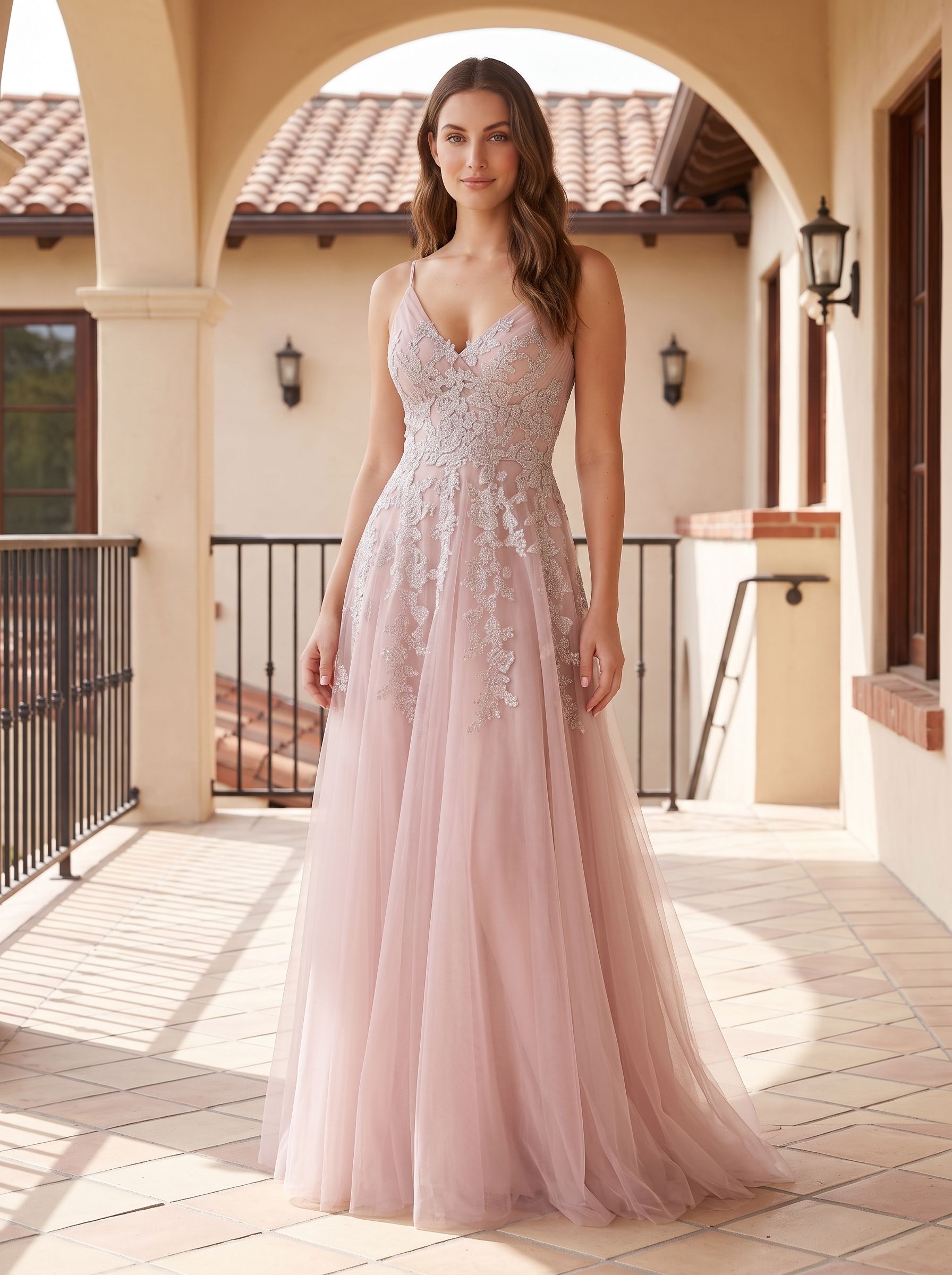 Dusty Rose Tulle A-Line V-Neck Lace-up Floor-Length Dress with Floral Embroidery