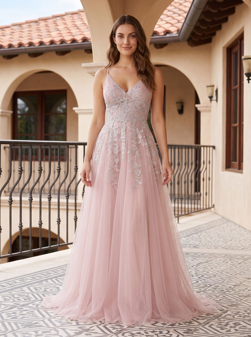 Dusty Rose Tulle A-Line V-Neck Lace-up Floor-Length Dress with Floral Embroidery