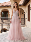 Dusty Rose Tulle A-Line V-Neck Lace-up Floor-Length Dress with Floral Embroidery
