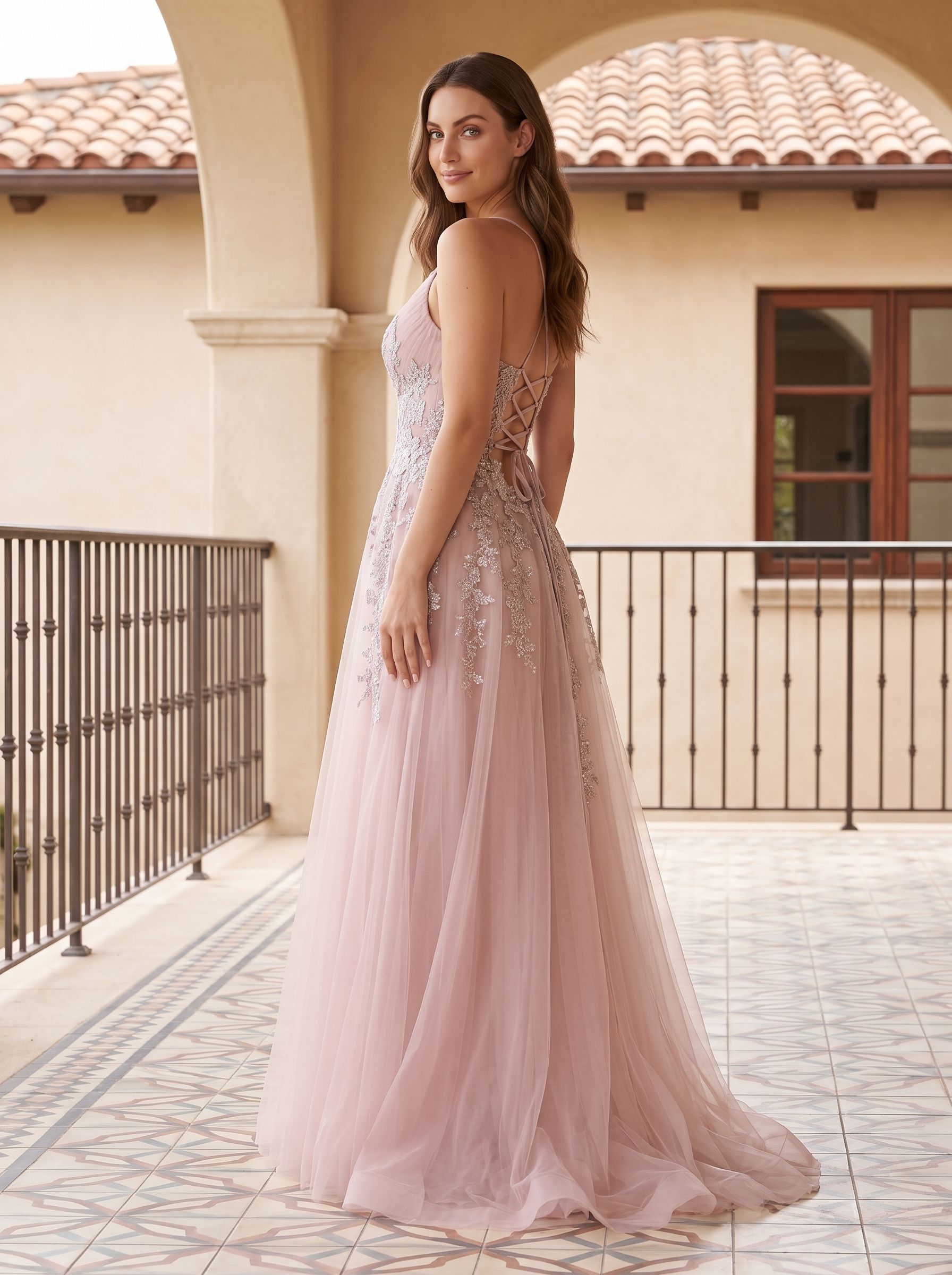 Dusty Rose Tulle A-Line V-Neck Lace-up Floor-Length Dress with Floral Embroidery
