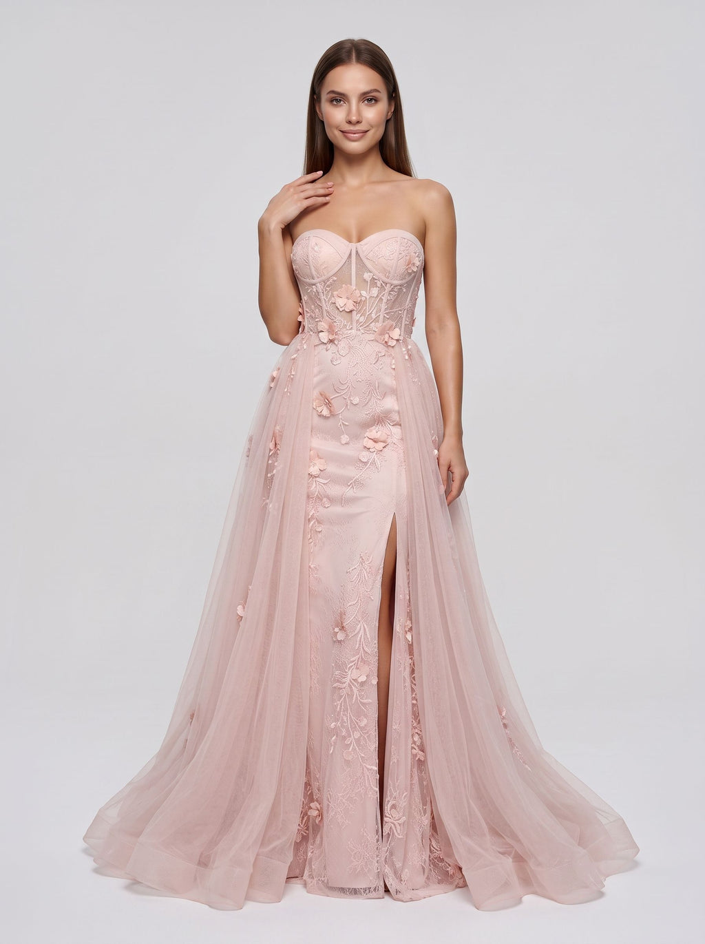 Pink Tulle A-Line Sweetheart Lace-up Floor-Length Dress with sheer embroidered corset bodice