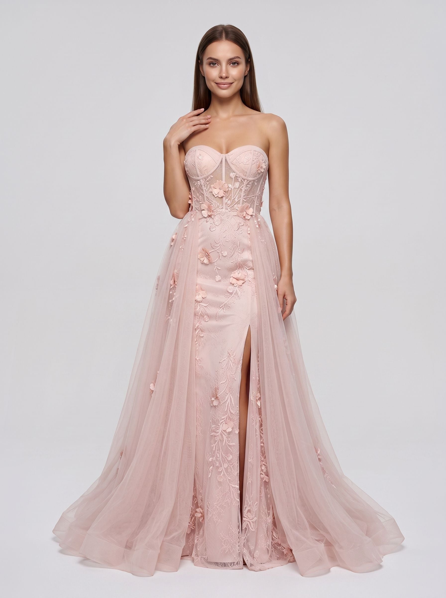 Pink Tulle A-Line Sweetheart Lace-up Floor-Length Dress with sheer embroidered corset bodice
