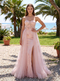 Pink Tulle A-Line Sweetheart Lace-up Floor-Length Dress with sheer embroidered corset bodice